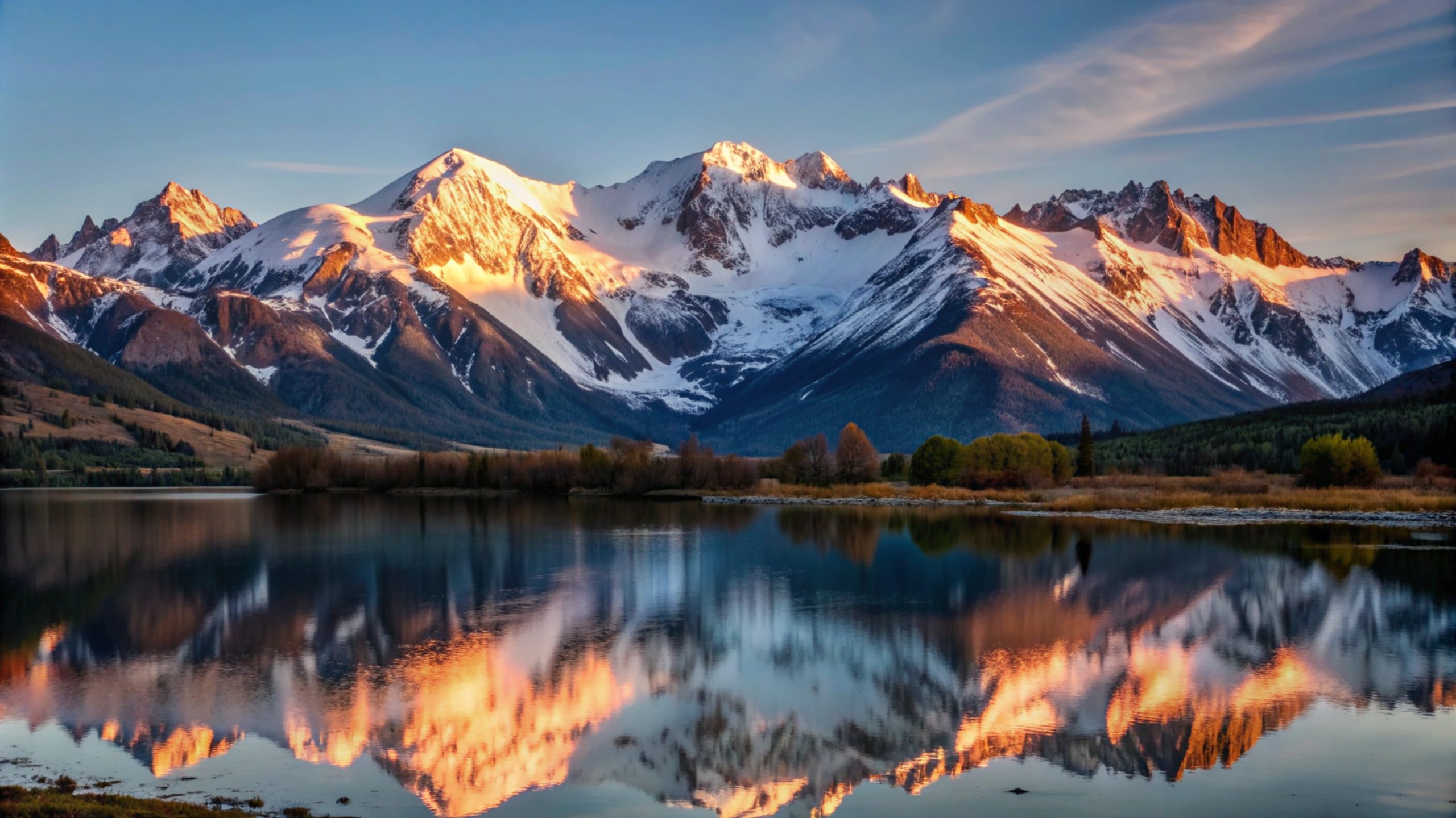 Majestic snow-capped mountain range reflected in a calm lake