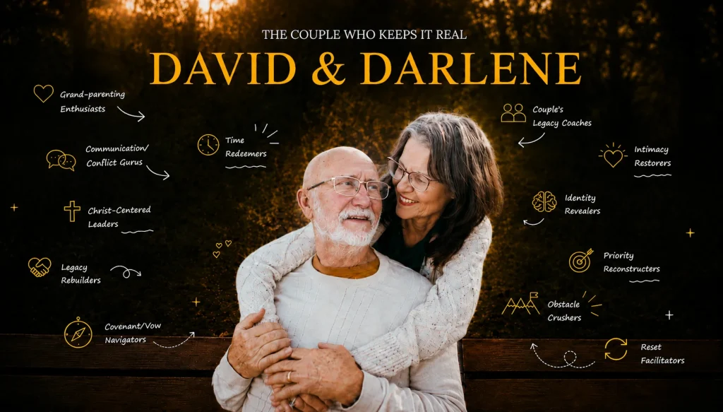 The couple who keeps it real: David & Darlene. Grand-parenting enthusiasts, communication and conflict gurus, Christ-centered leaders, legacy rebuilders, covenant and vow navigators, time redeemers, couple&rsquo;s legacy coaches, intimacy restorers, identity revealers, priority reconstructers, obstacle crushers, reset facilitators.